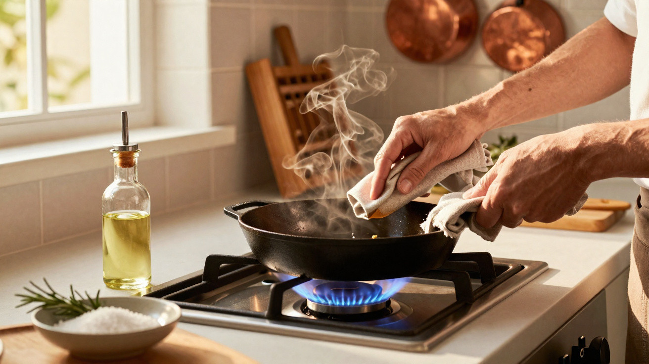 Mãos seguram uma frigideira de ferro com vapor saindo, sobre fogão a gás aceso em cozinha iluminada.