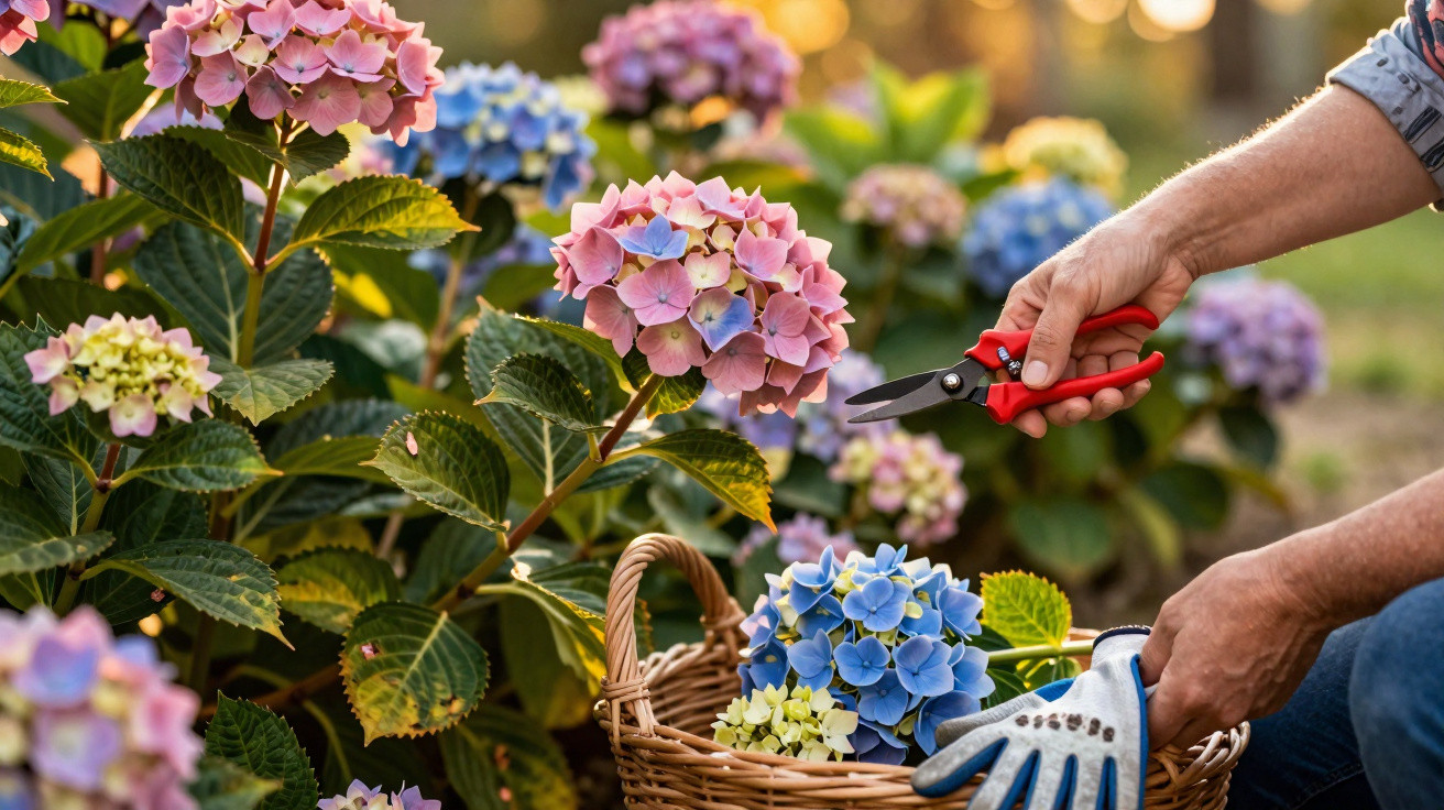 Pessoa colhendo flores de hortênsia rosa e azul com tesoura de jardinagem em cesta de vime.