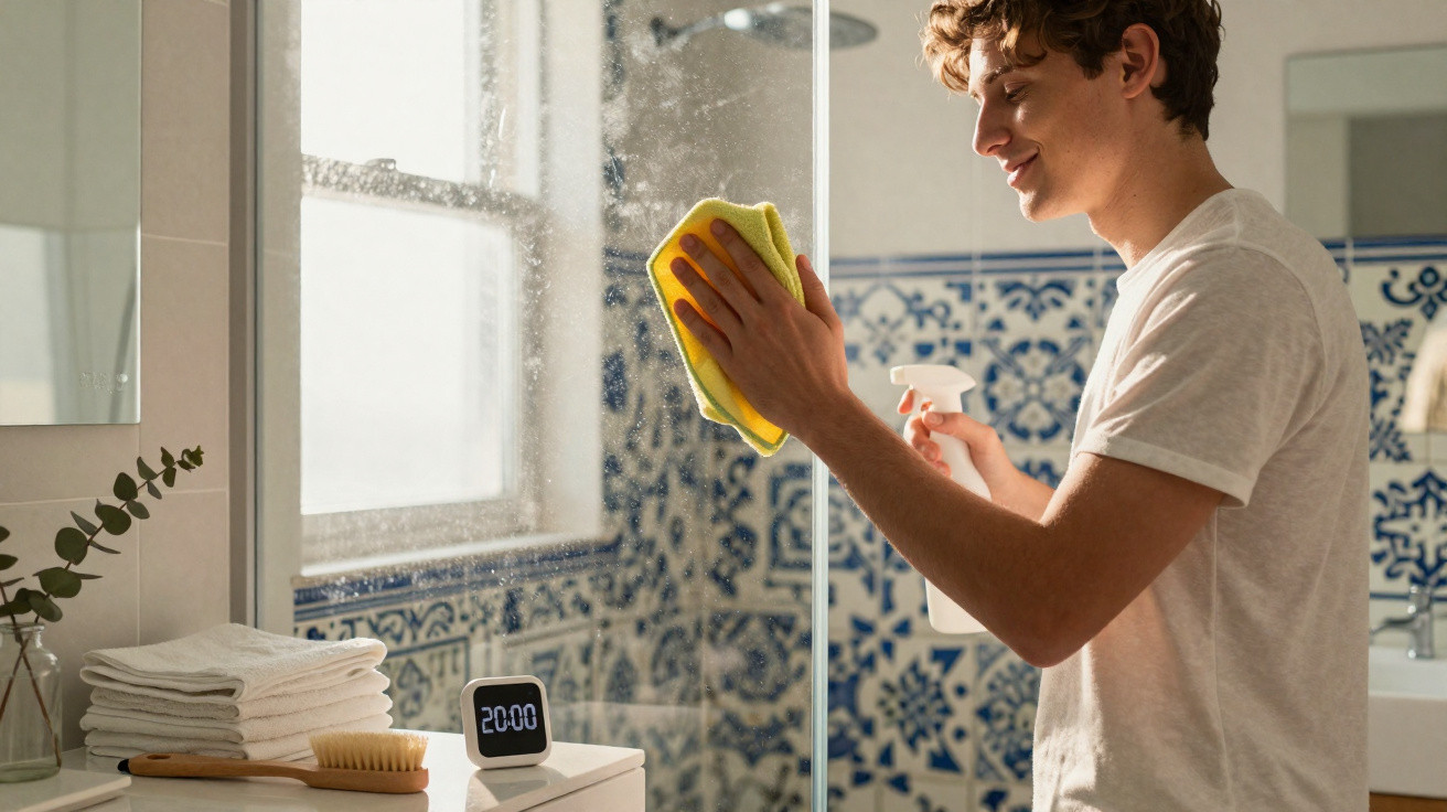 Jovem limpando vidro do banheiro com pano amarelo e produto de limpeza, sorrindo.