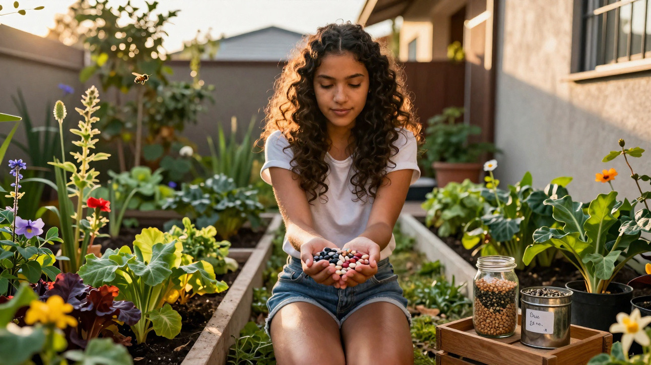 Menina sentada em jardim segurando sementes variadas nas mãos, cercada por plantas e flores.