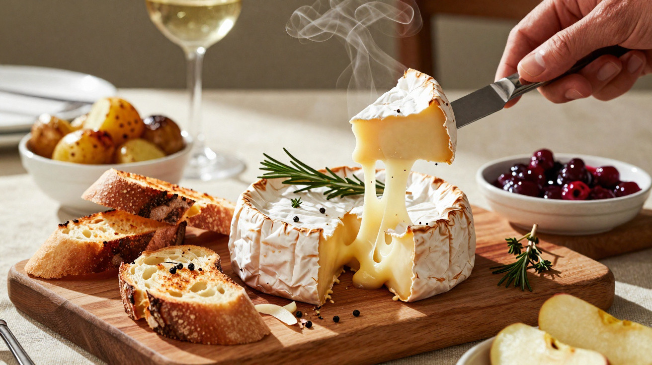 Queijo brie derretido servido com pão, batatas assadas, frutas vermelhas e vinho branco sobre tábua de madeira.