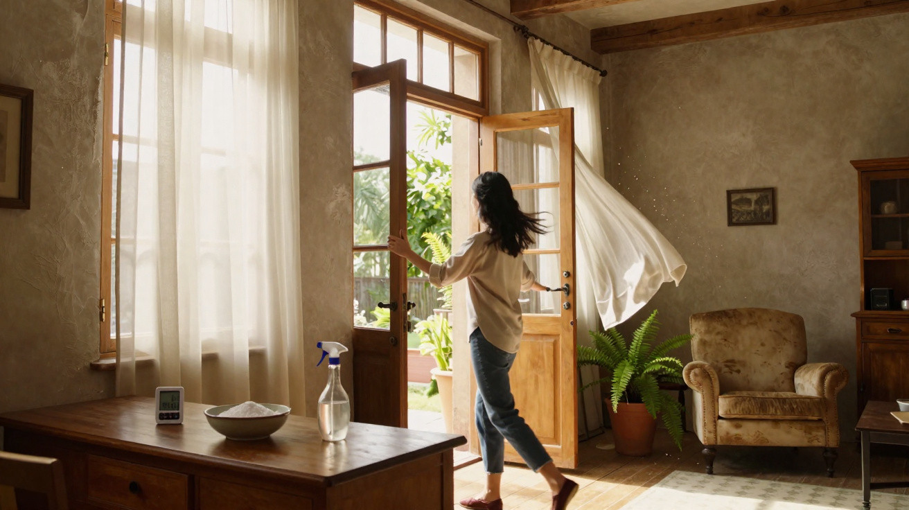 Mulher abrindo porta de madeira para área externa ensolarada em sala com plantas e móveis antigos.