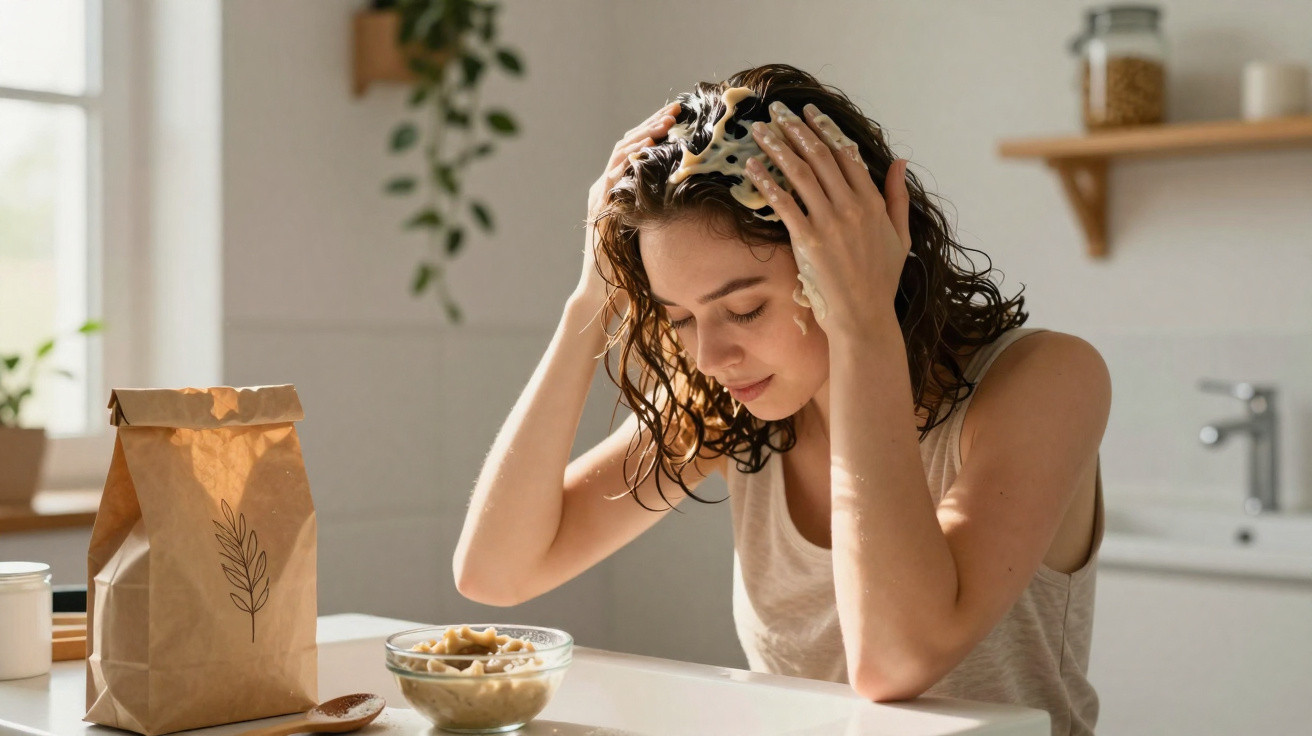 Mulher aplicando máscara capilar no cabelo em cozinha iluminada naturalmentem com produtos sobre a mesa.