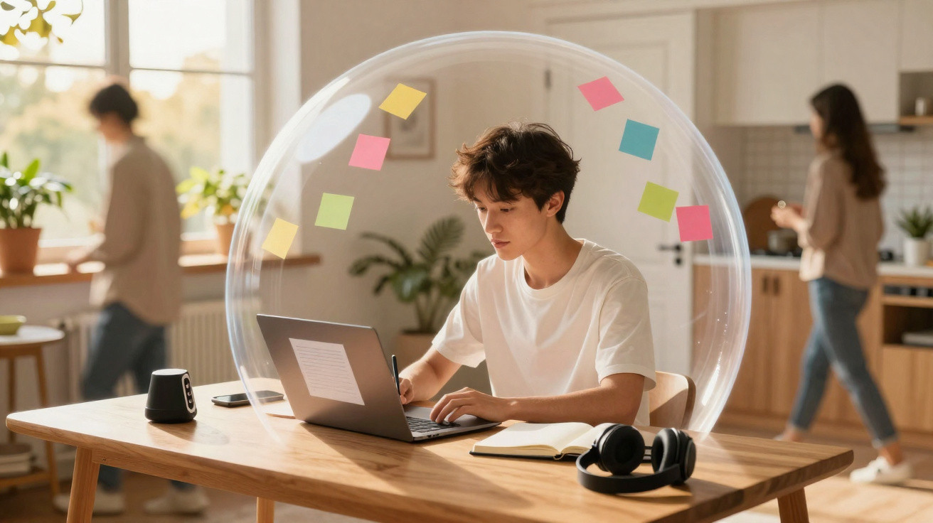 Pessoa trabalhando em laptop dentro de uma bolha transparente em uma sala com outras duas pessoas ao fundo.