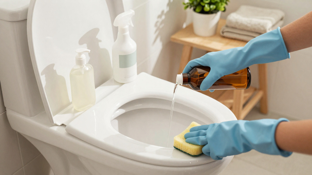 Pessoa com luvas azuis limpando a borda do vaso sanitário com esponja e produto de limpeza líquido.