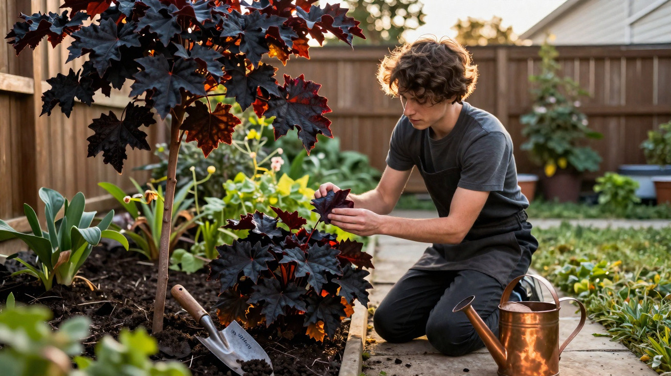 Jovem cuidando de planta com folhas vermelhas num jardim ao entardecer, com regador e pá ao lado.
