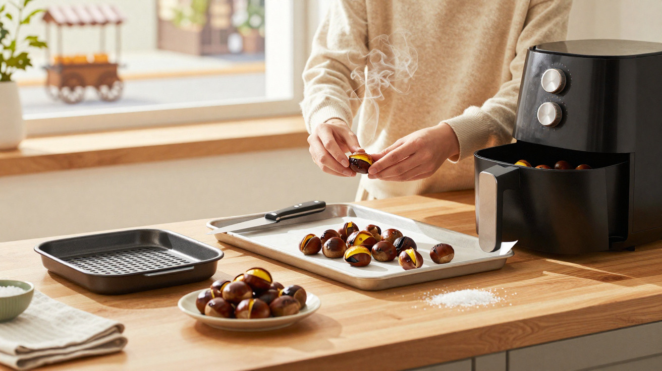 Pessoa retirando castanhas assadas de uma airfryer em cozinha iluminada natural.
