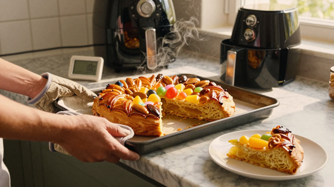 Pessoa segurando forma com rosca de reis decorada com frutas cristalizadas e pedaço em prato na bancada da cozinha.