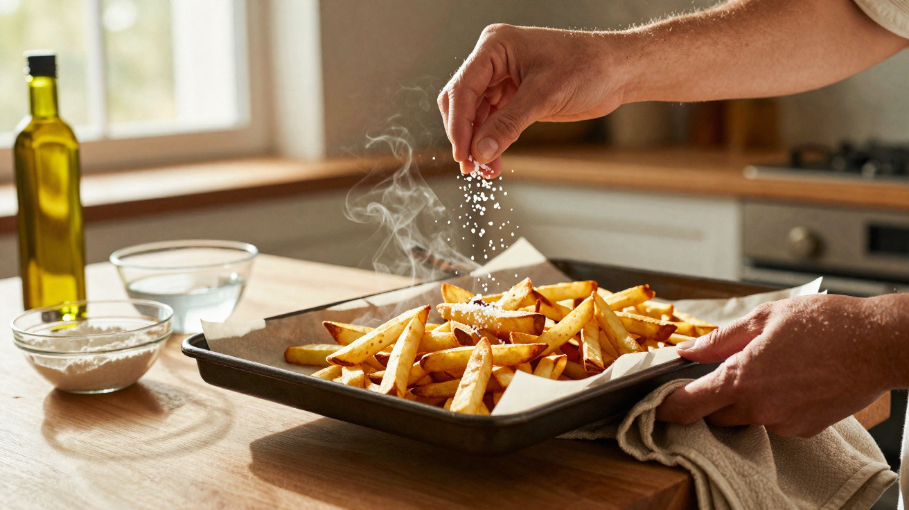 Mãos temperando batatas fritas quentes com sal em forno caseiro com ingredientes ao fundo.