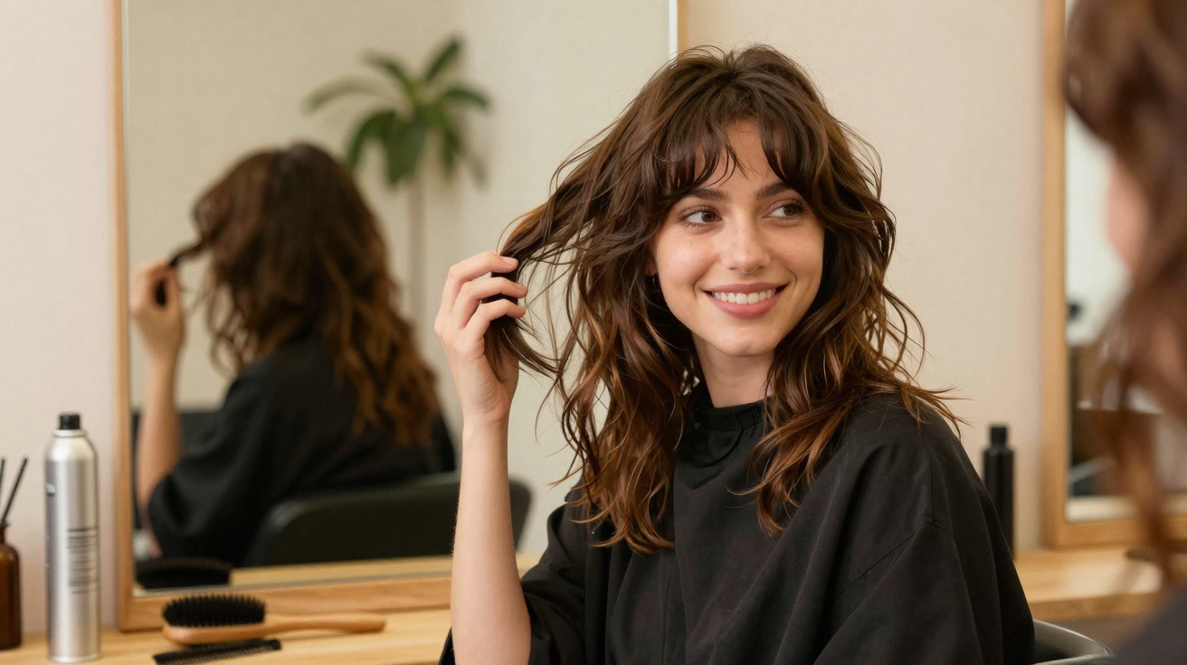 Mulher sorridente com cabelo ondulado castanho, sentada em frente a um espelho em salão de beleza.
