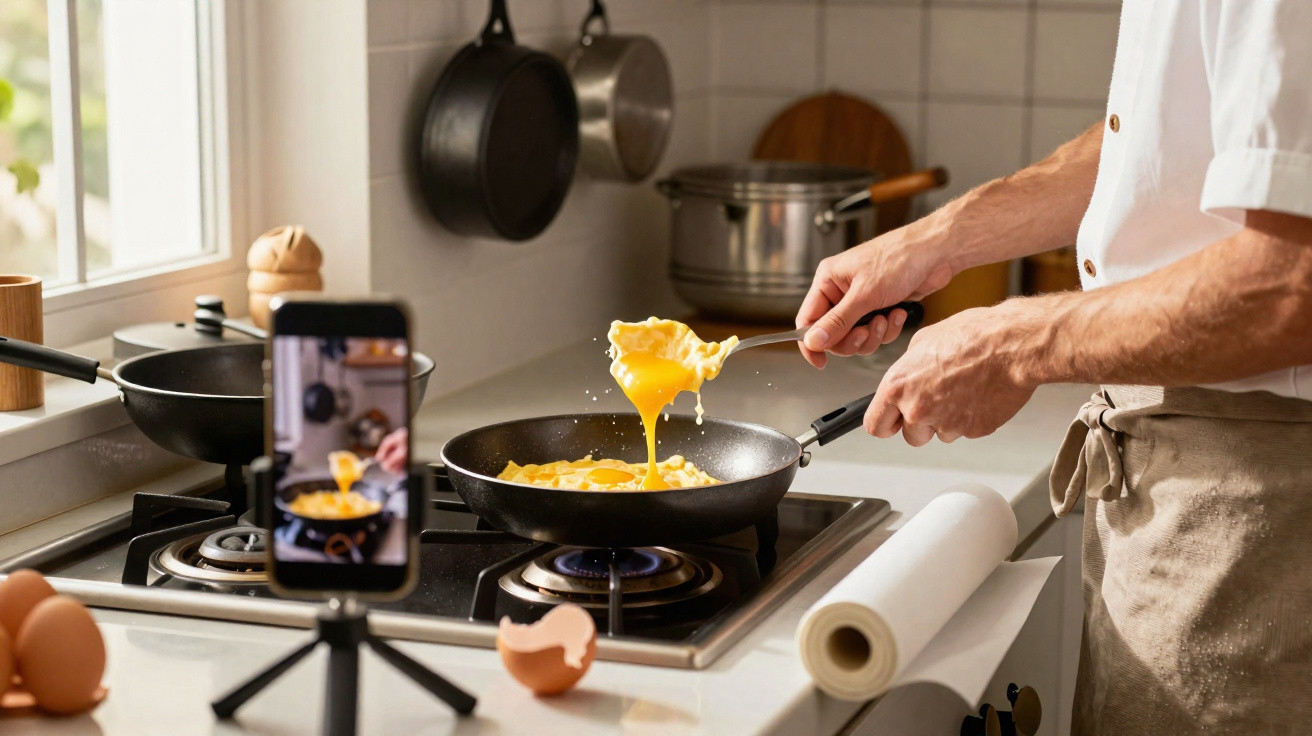 Pessoa preparando ovos mexidos na frigideira enquanto grava com celular na cozinha.