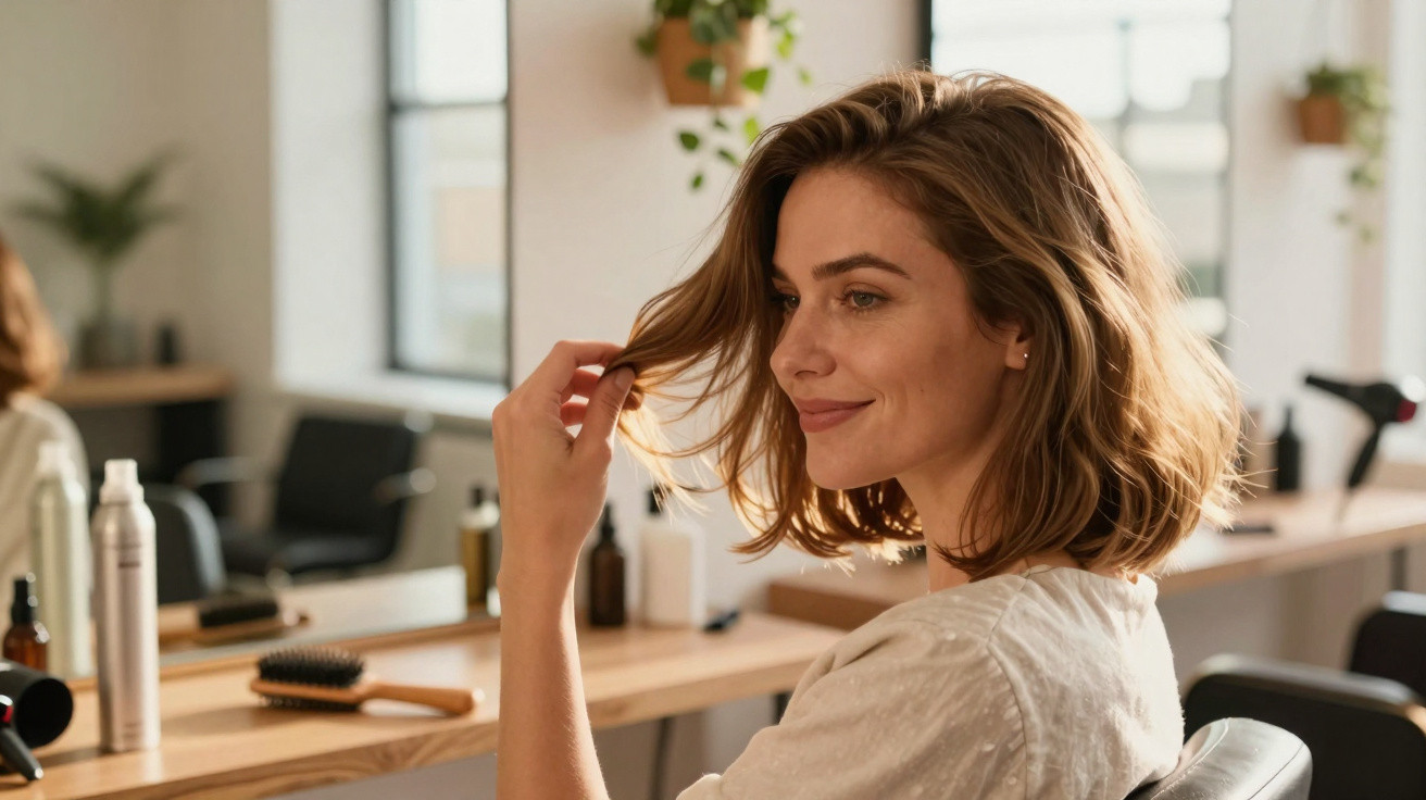 Mulher sorridente com cabelo curto castanho claro em salão de beleza, olhando para espelho.