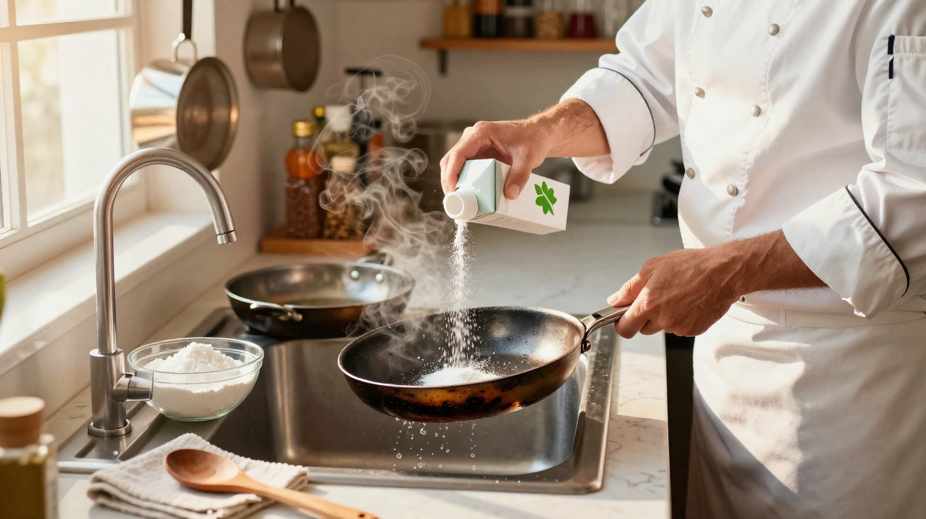 Mão de cozinheiro temperando frigideira com sal em cozinha clara com utensílios e vapor visível.