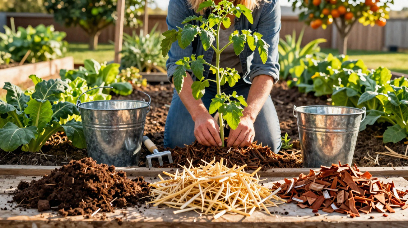 Pessoa cuidando de muda de planta em horta com solo e materiais para cobertura no canteiro.