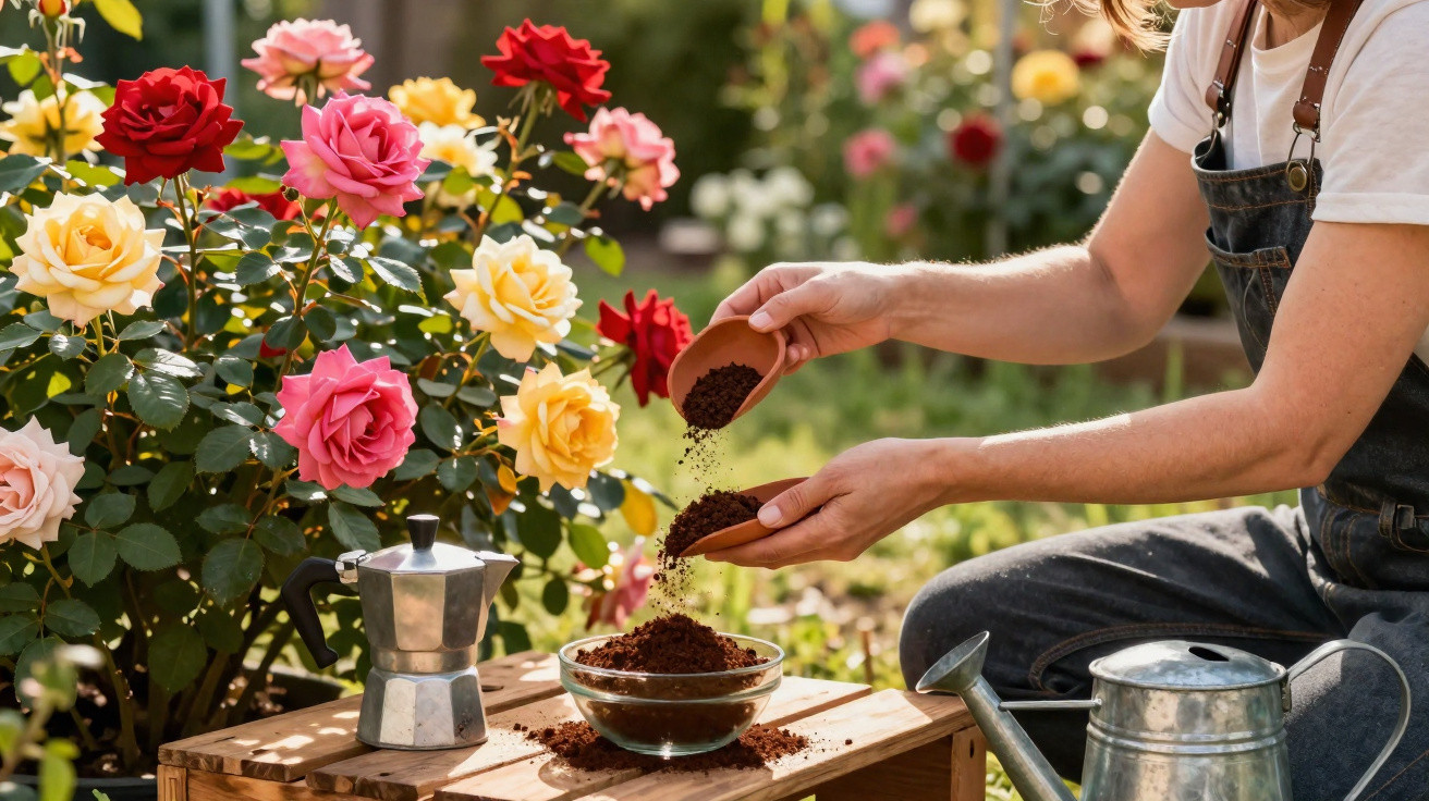 Pessoa preparando café com pó em tigela, ao lado de regador e flores coloridas em jardim ensolarado.