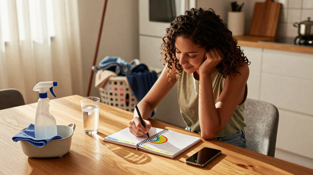 Mulher sentada à mesa escrevendo em caderno, com copo d'água, celular e produtos de limpeza próximos.