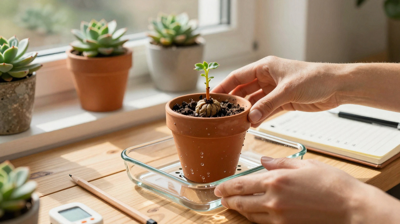 Mãos cuidando de uma pequena planta em vaso de cerâmica sobre mesa de madeira, com outras plantas ao fundo.