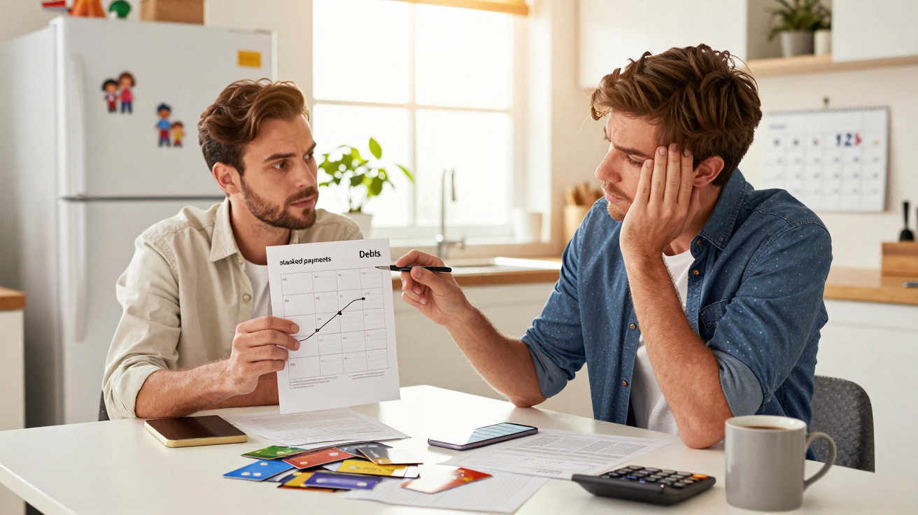Dois homens discutindo finanças com gráfico de dívidas, cartões e calculadora sobre a mesa na cozinha.