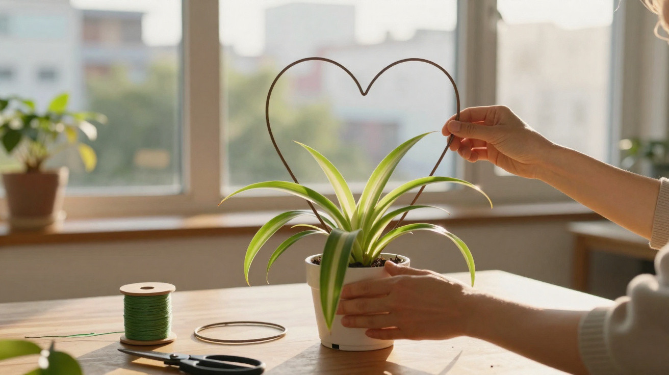 Pessoa montando suporte em formato de coração para planta em vaso sobre mesa iluminada por luz natural.