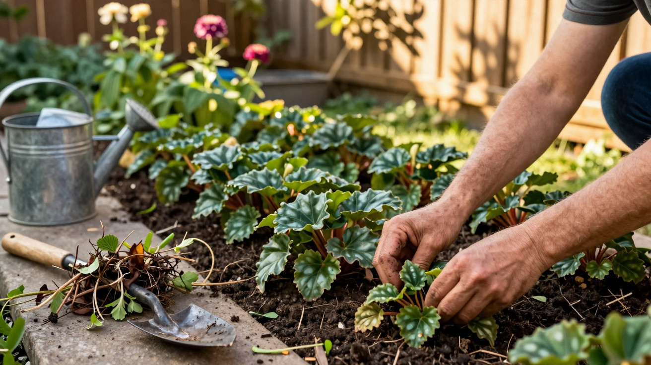 Pessoa plantando mudas em canteiro de flores com regador metálico e pá de jardinagem ao lado.