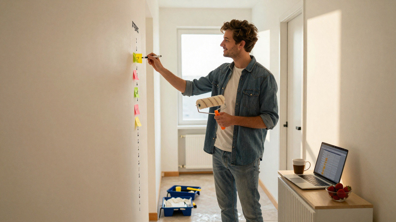 Homem planejando pintura na parede com post-its, segurando rolo e caneta, ao lado de laptop em corredor claro.