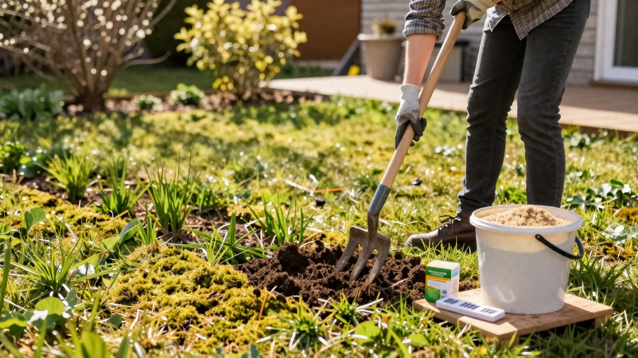 Pessoa usando ferramentas de jardinagem para preparar o solo em um jardim ensolarado, com plantas ao redor.