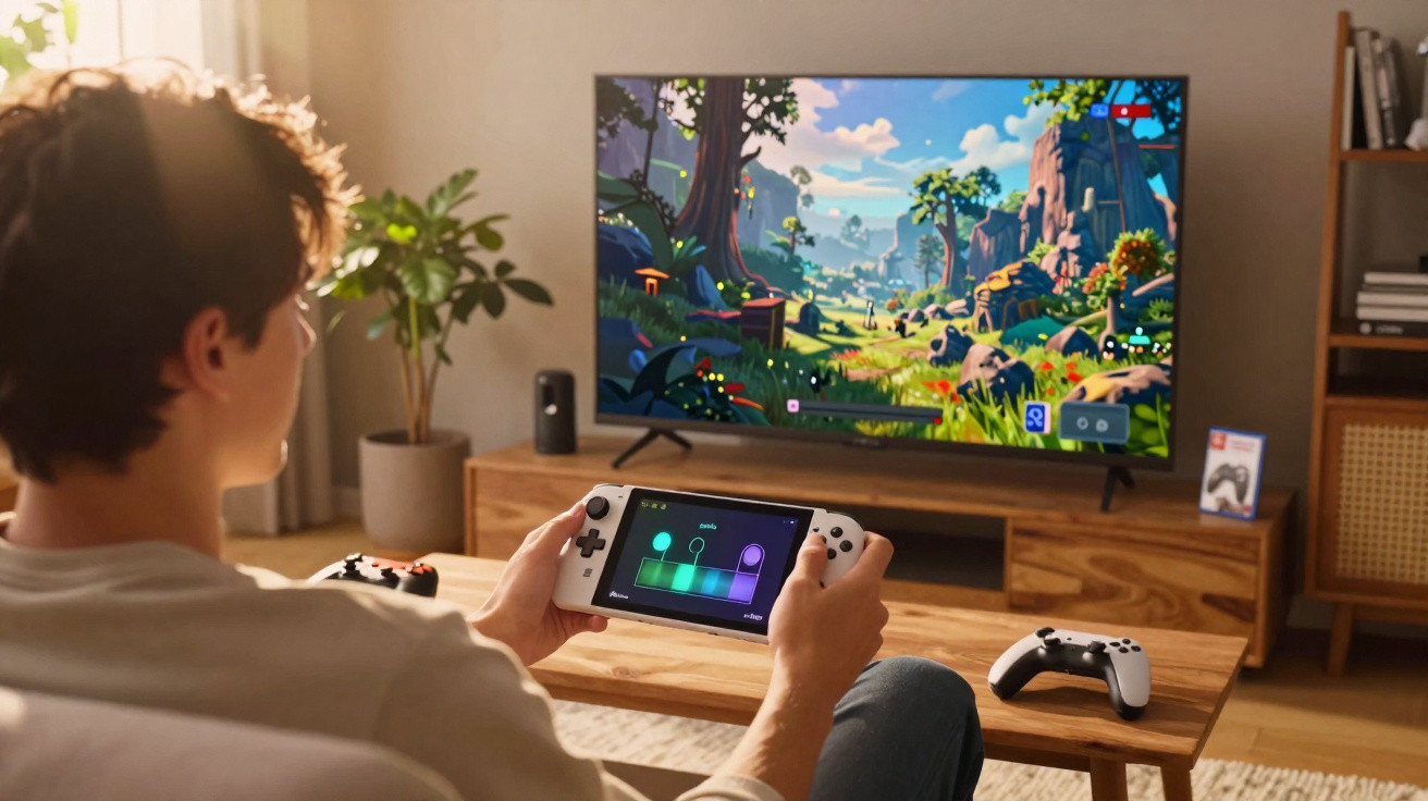 Homem jogando videogame em console portátil com jogo exibido em TV em ambiente aconchegante.