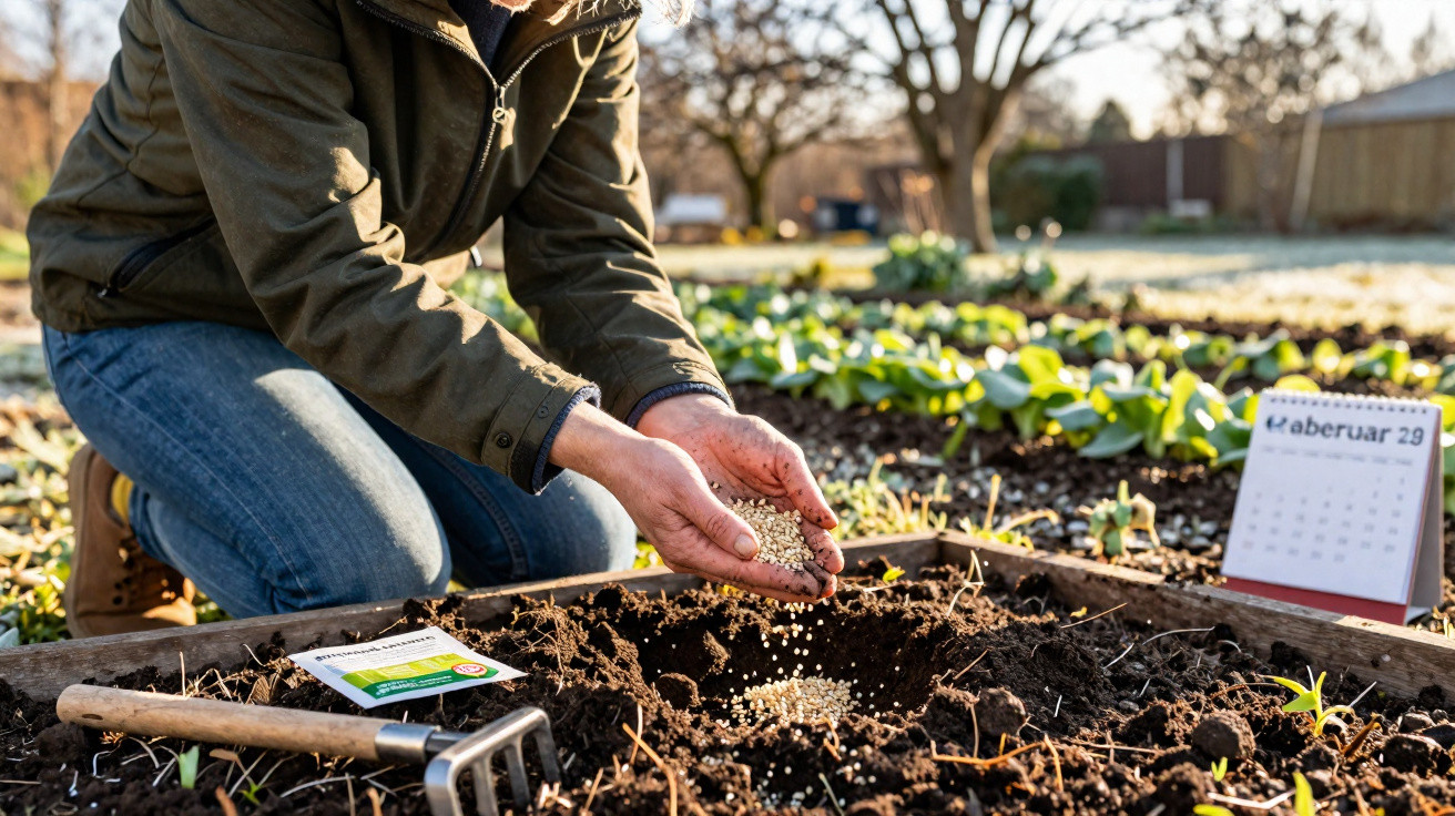 Pessoa sem rosto plantando sementes em canteiro de terra fértil em jardim ao ar livre em abril.