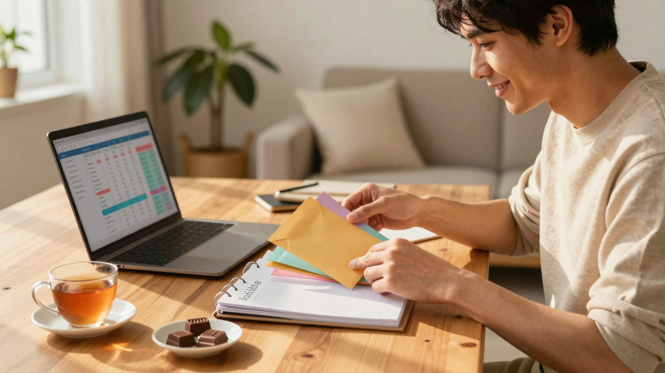 Pessoa sorrindo organizando papéis coloridos em mesa com laptop, chá e chocolates ao lado.