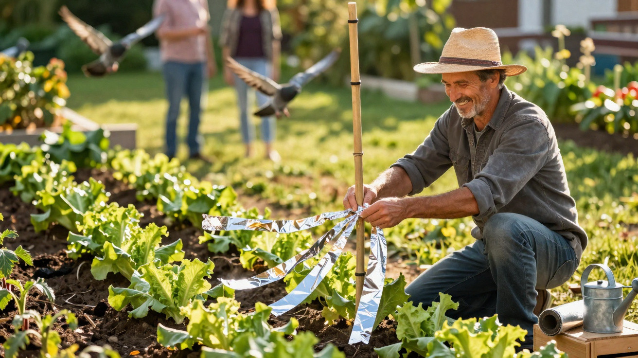 Homem com chapéu fixando fitas refletoras em estaca no jardim com plantas, ao fundo casal e pombos.