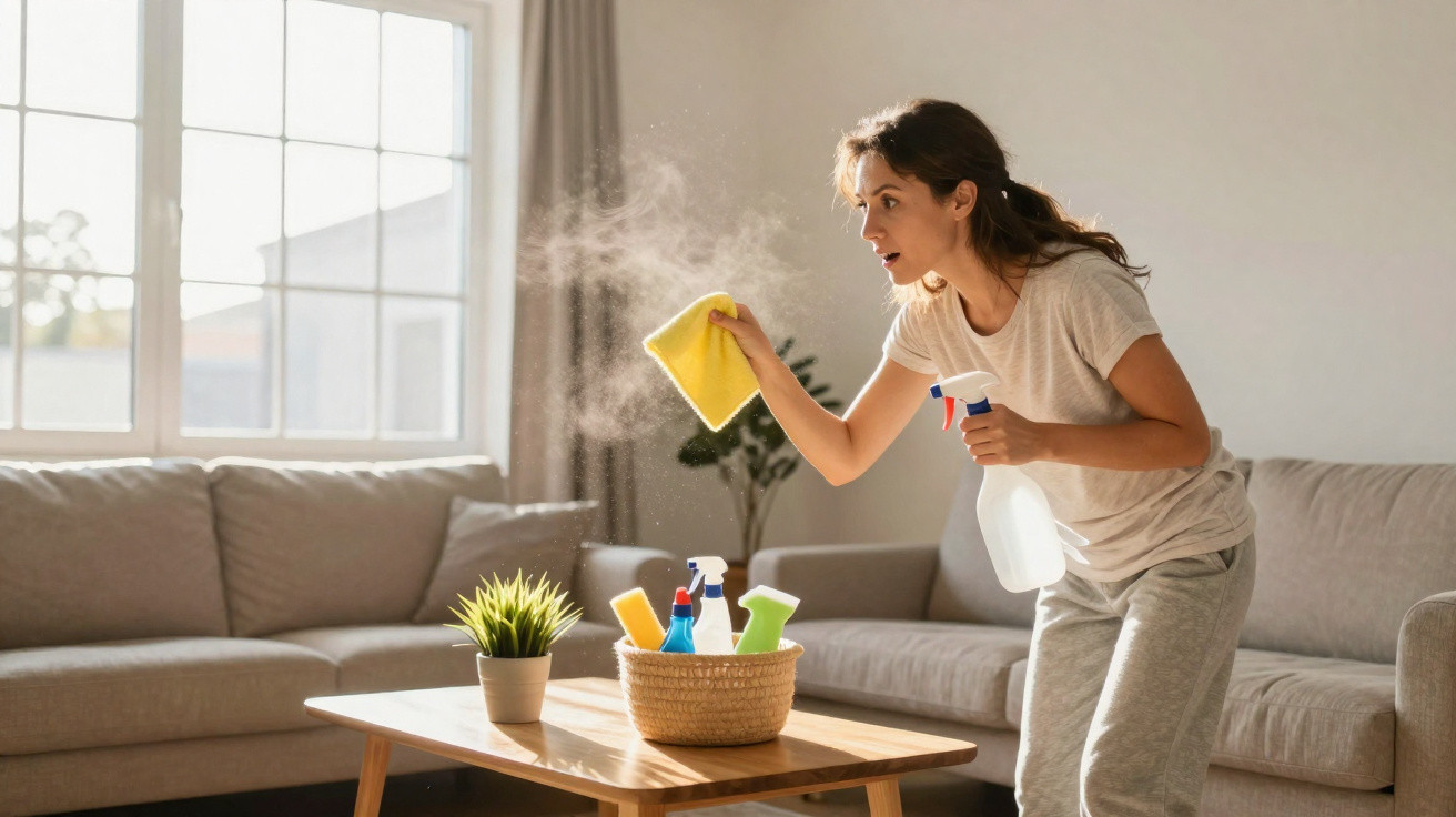 Mulher limpando um ambiente iluminado com spray e pano amarelo, ao lado de sofá cinza e mesa de madeira.