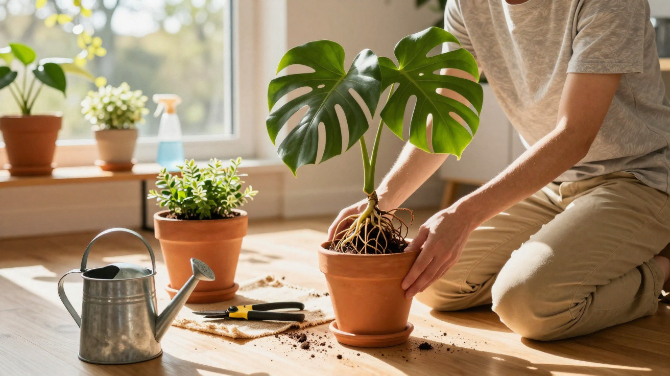 Pessoa transplantando planta com folhas grandes em vaso de barro, ao lado de regador e ferramentas.