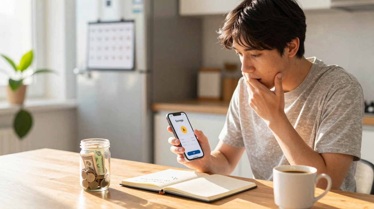 Jovem sentado à mesa olha preocupado para celular com aplicativo de finanças, ao lado de cofrinho, caderno e café.