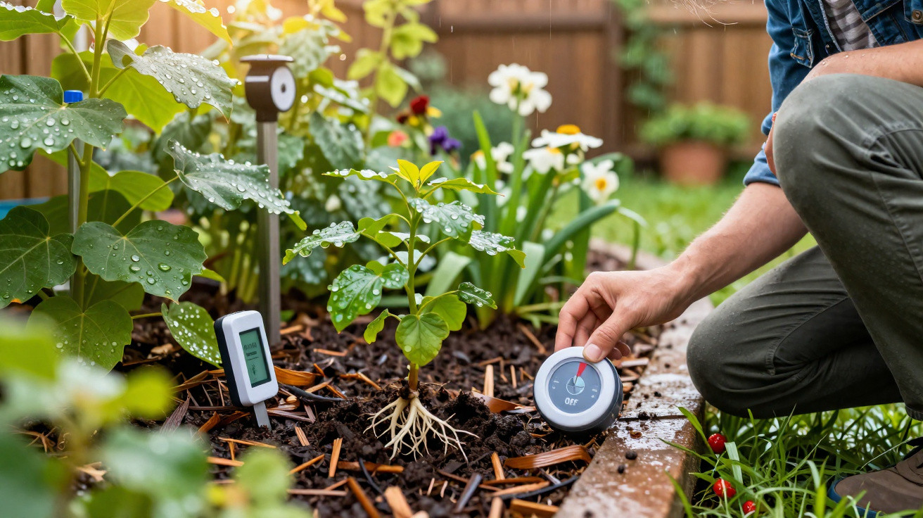 Pessoa ajustando temporizador de irrigação em jardim com plantas e sensores de umidade no solo.