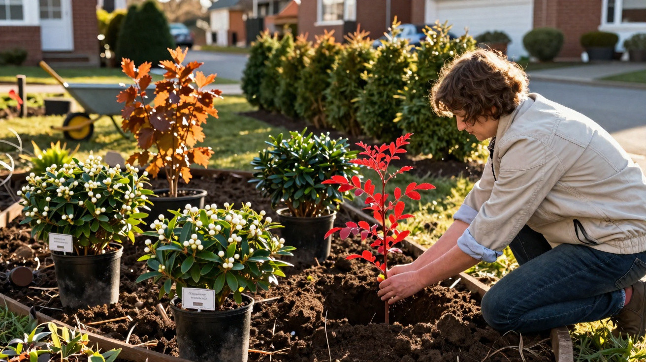 Pessoa plantando muda ao ar livre em jardim com vasos de plantas ao redor em dia ensolarado.