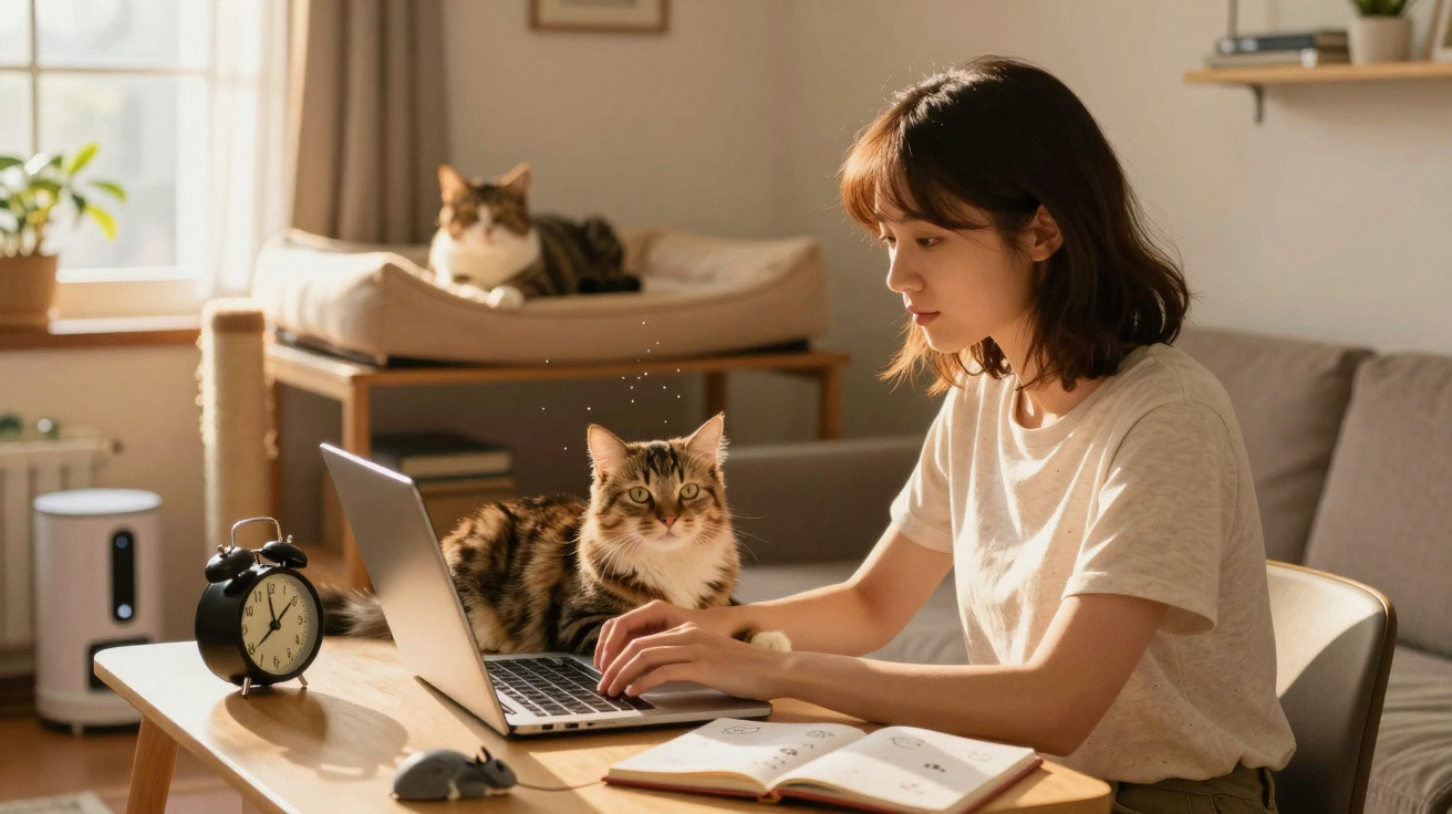 Mulher trabalhando em laptop com dois gatos em ambiente iluminado e aconchegante.