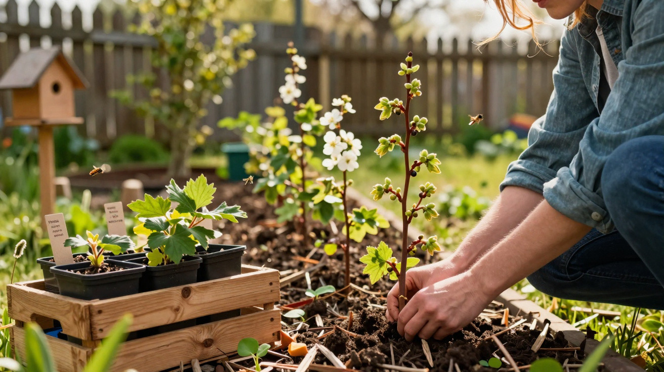 Pessoa plantando mudas de flores brancas em canteiro de jardim ensolarado com caixa de mudas ao lado.