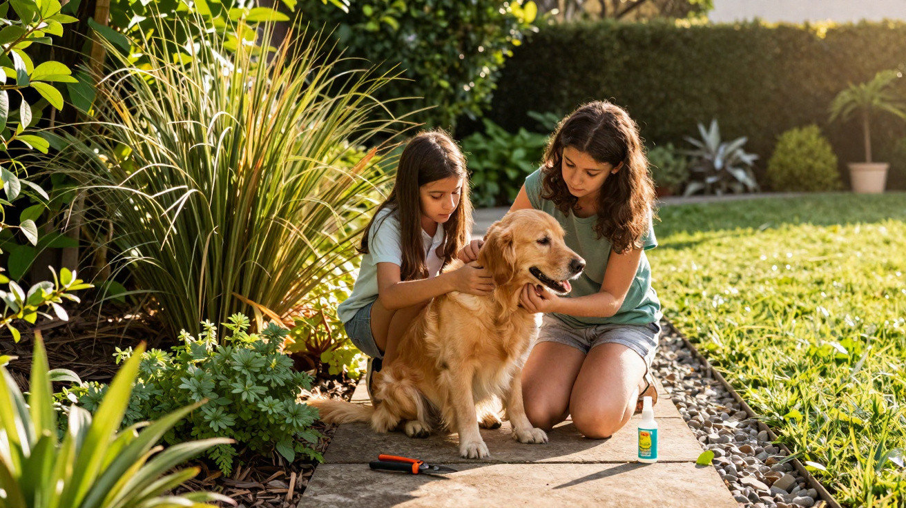 Duas meninas cuidam de um cachorro golden retriever em um jardim ensolarado.