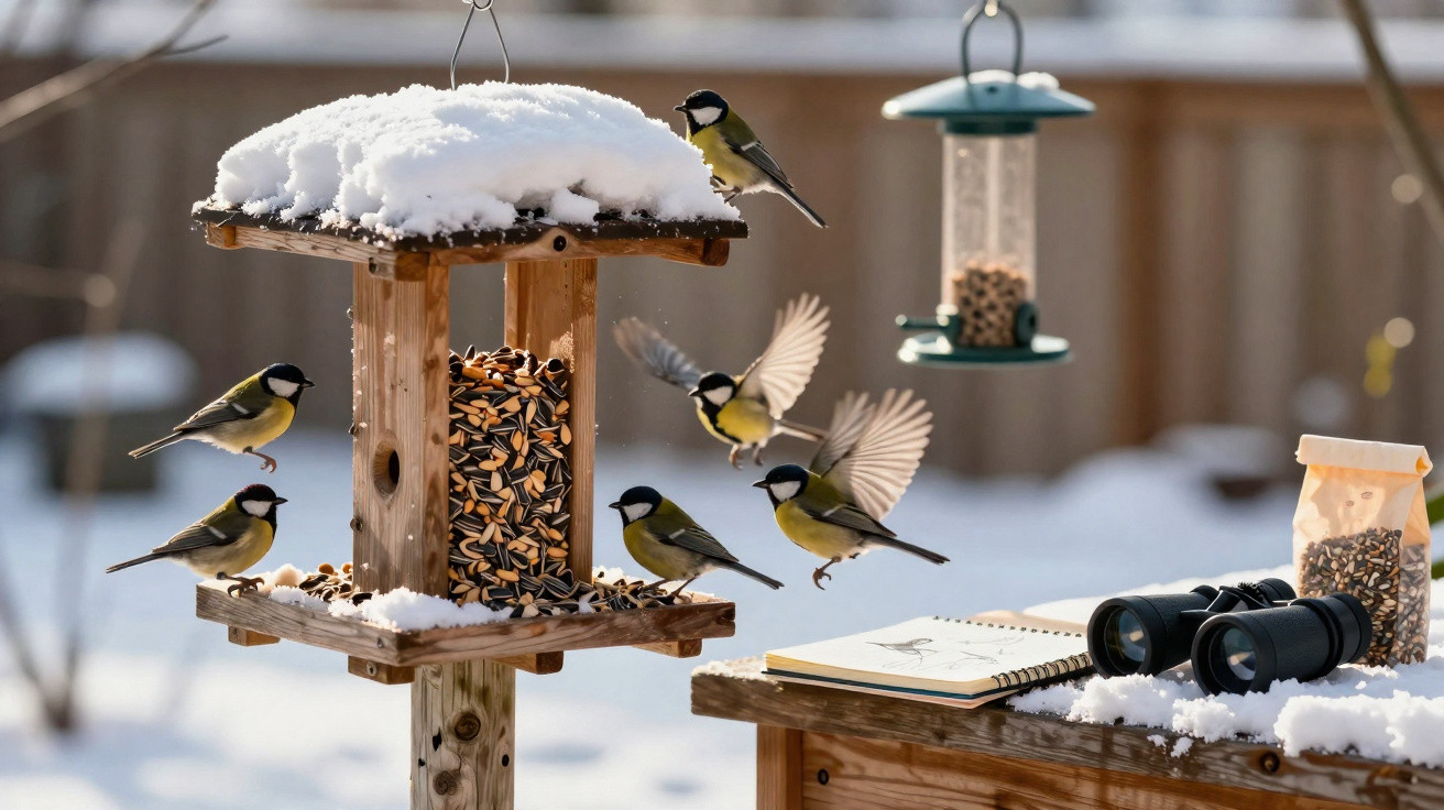 Pássaros alimentando-se em comedouro de madeira com sementes, cercado por neve no jardim.