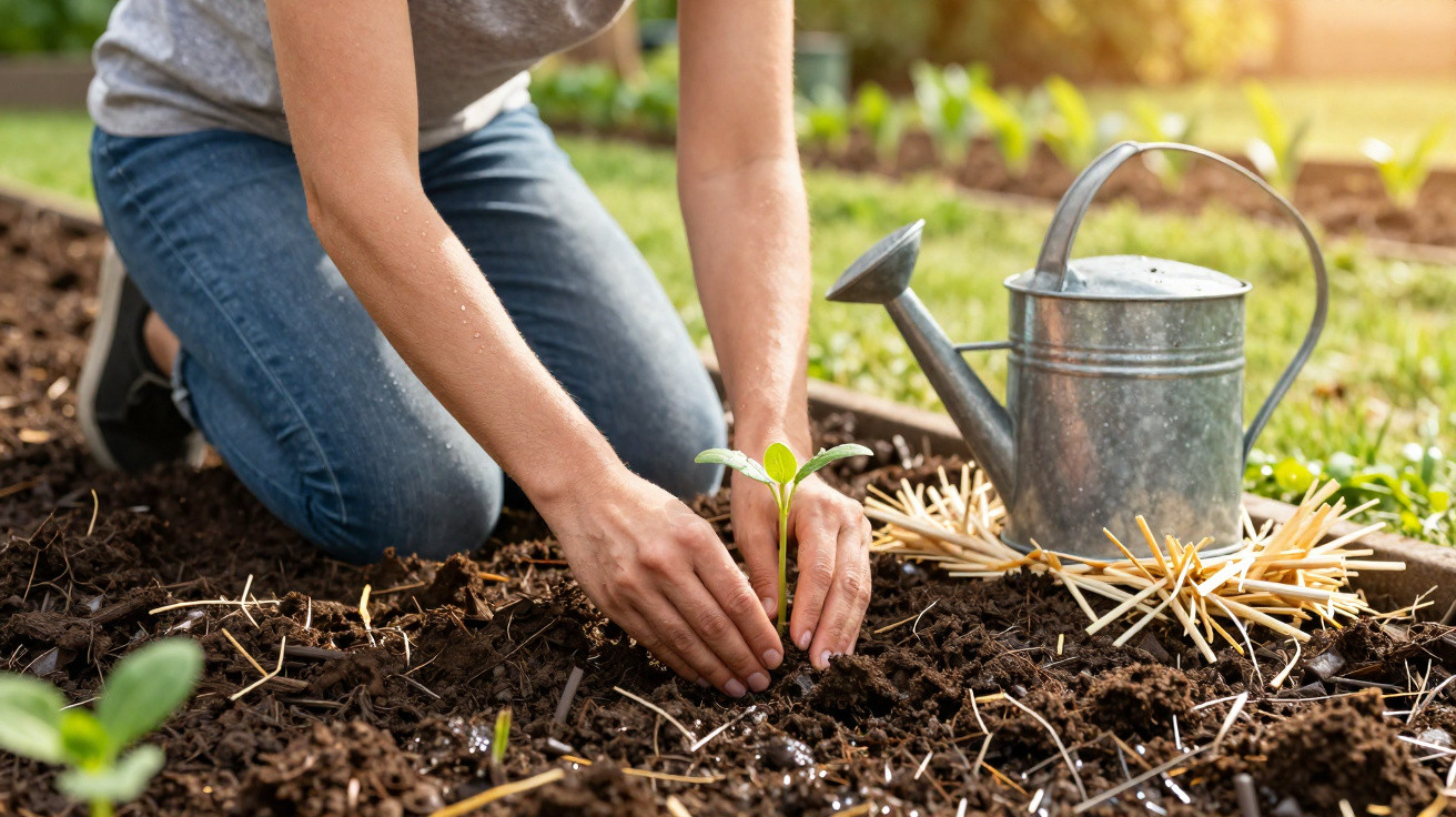 Pessoa ajoelhada plantando muda de planta em solo com regador metálico ao lado em área de horta.