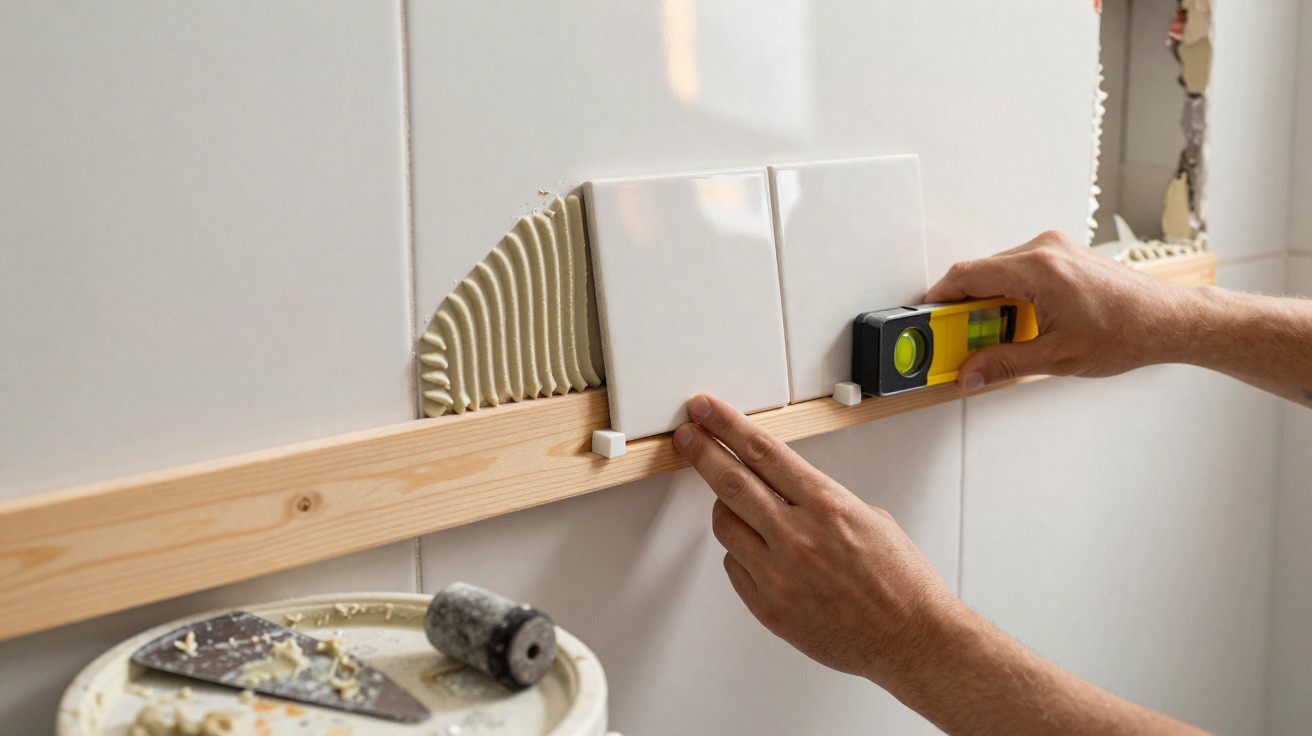 Mãos instalando azulejos brancos na parede, ajustando com nível de bolha e guia de madeira.