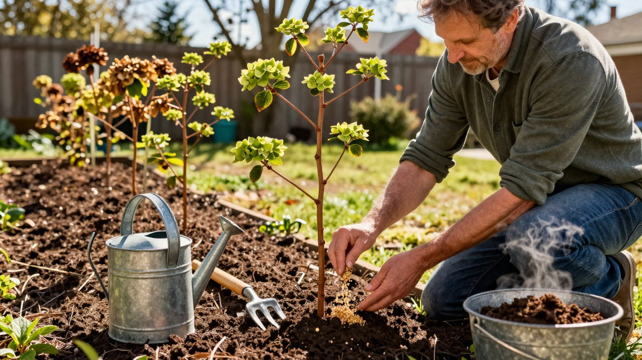 Homem plantando árvore no jardim com regador, pá e enxadinha ao redor em dia ensolarado.