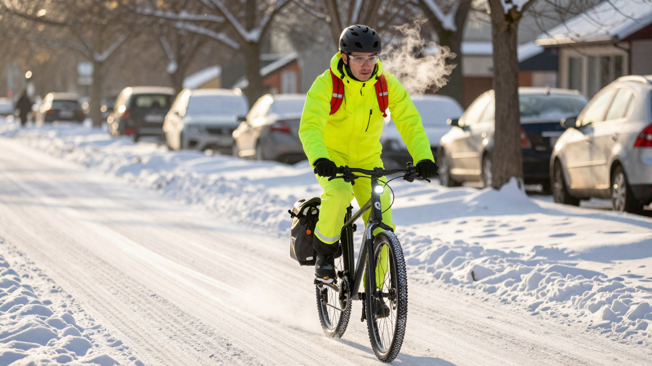 Homem com roupa amarela fluorescente andando de bicicleta em estrada coberta de neve no inverno.