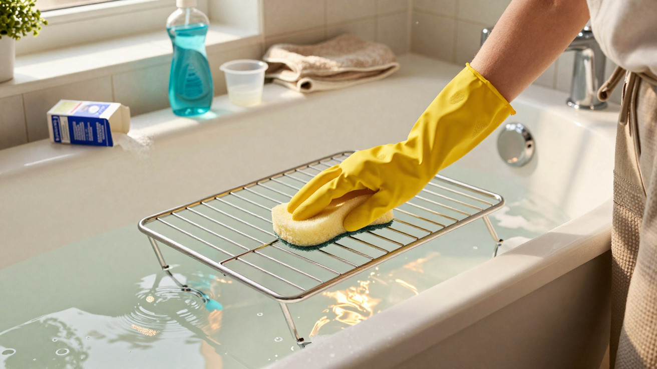 Mão com luva amarela limpando grade metálica sobre banheira cheia de água, com esponja amarela e azul.