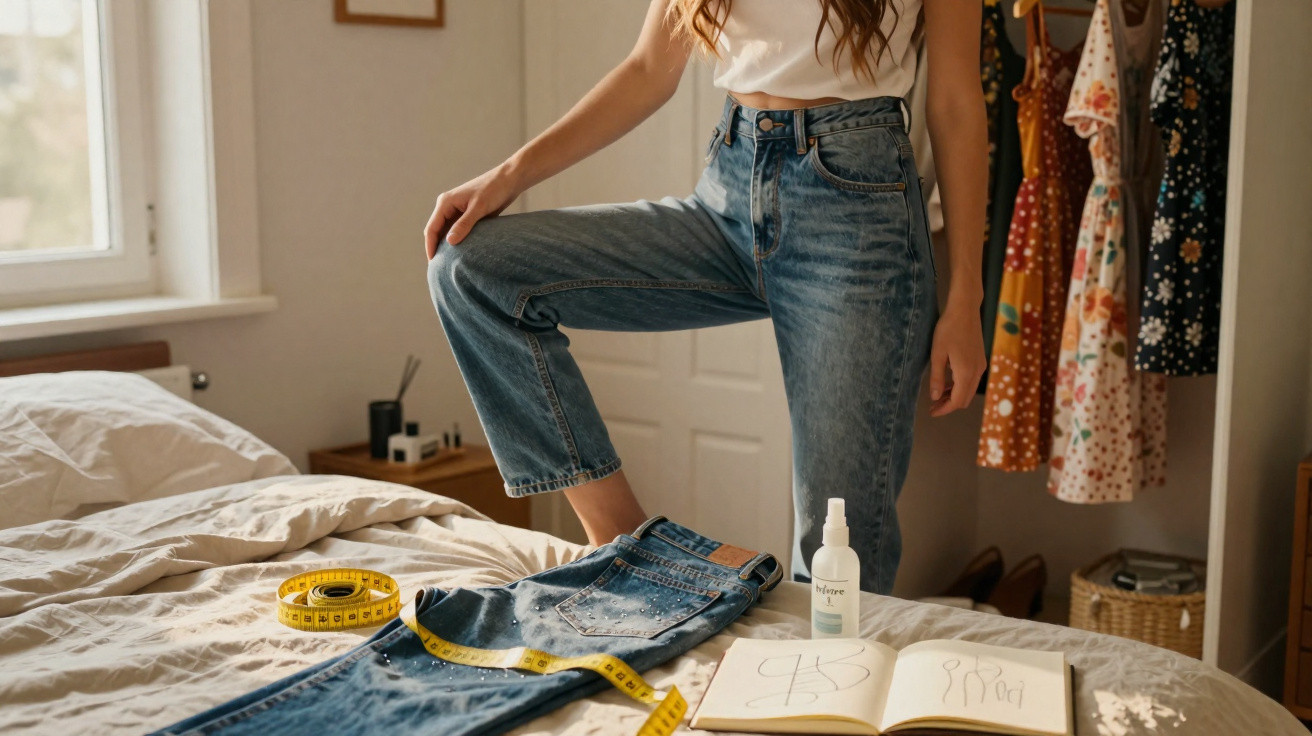 Pessoa vestindo calça jeans, com outra calça e fita métrica sobre cama em quarto com roupas penduradas.