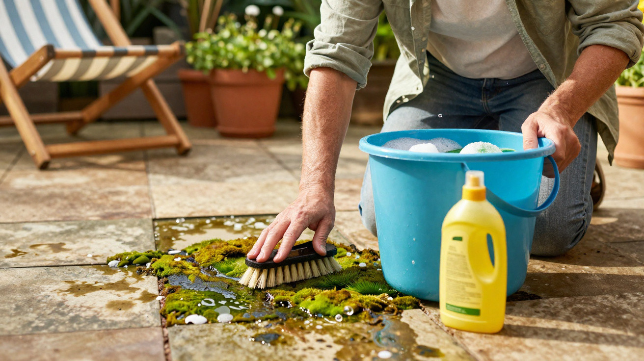 Pessoa limpando limpeza de piso externo com escova, balde azul e detergente amarelo.