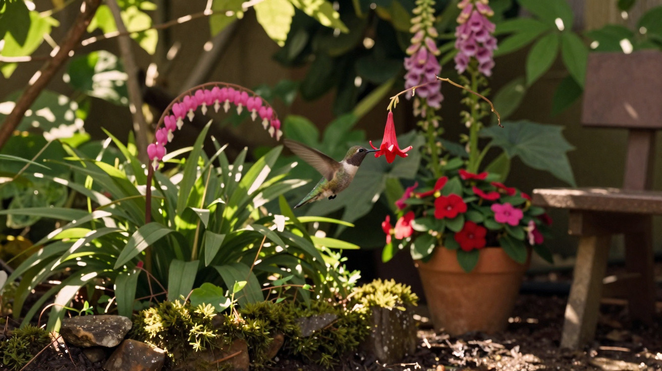 Beija-flor voando próximo a flor vermelha em jardim com plantas e banco de madeira ao fundo.