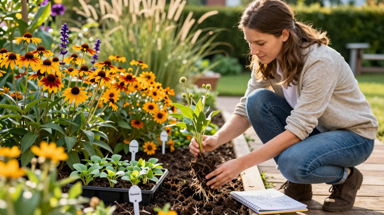 Jovem plantando mudas em jardim com flores amarelas e anotações em caderno ao lado.