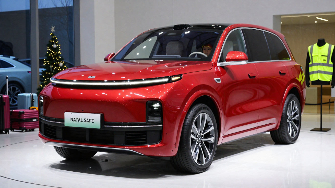 Carro SUV vermelho elétrico moderno modelo Natal Safe exposto em showroom decorado com árvore de Natal.