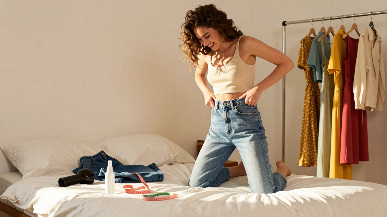 Mulher sorridente ajustando calça jeans em cama, com roupas penduradas e itens de costura ao redor.